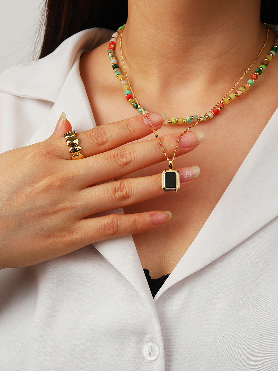 Double-sided Natural Black Agate and White Fritillaria Necklace