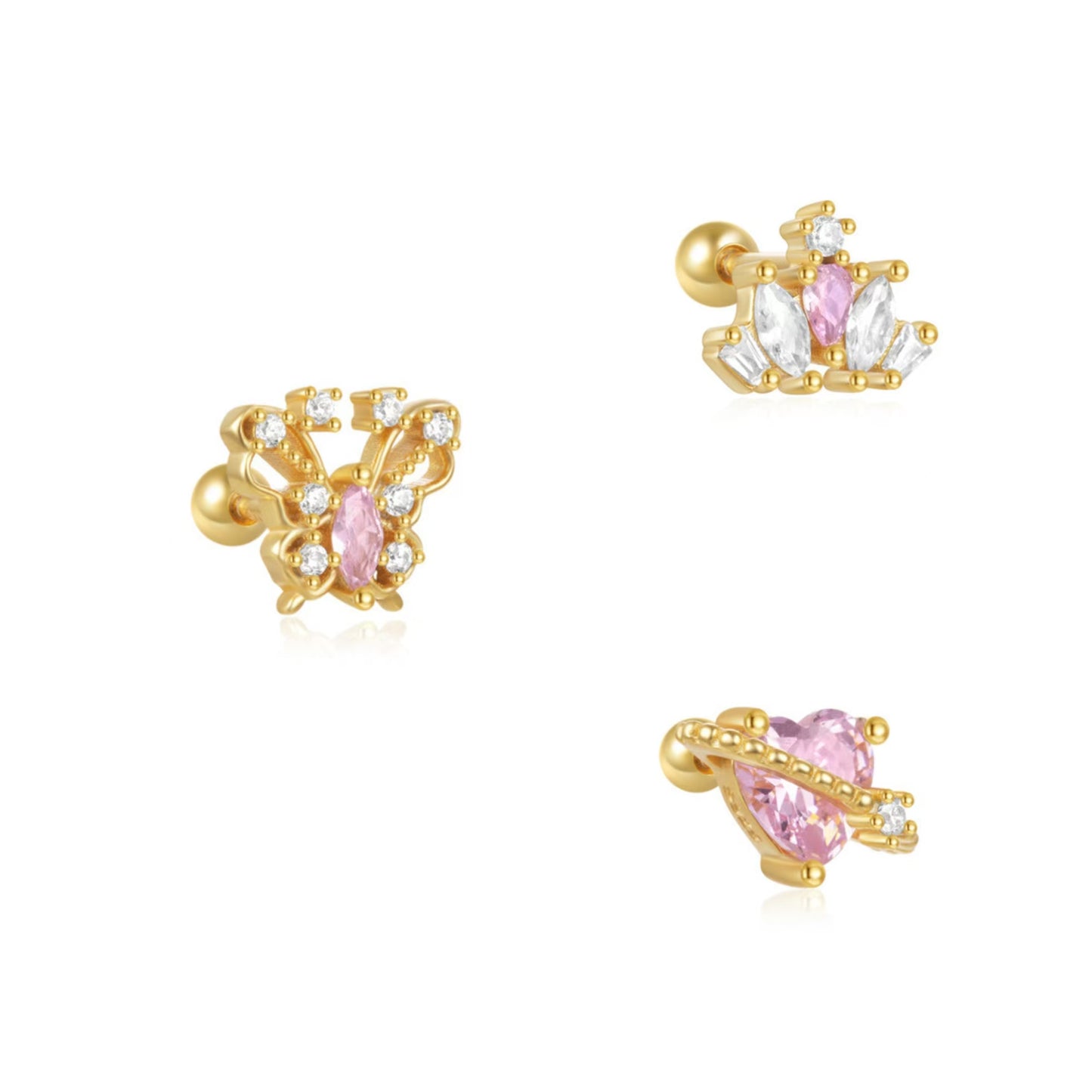 A31  Pink Butterfly Crown Heart Studs