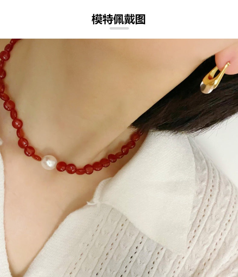 Baroque Pearl Stitching Natural Red Agate Necklace