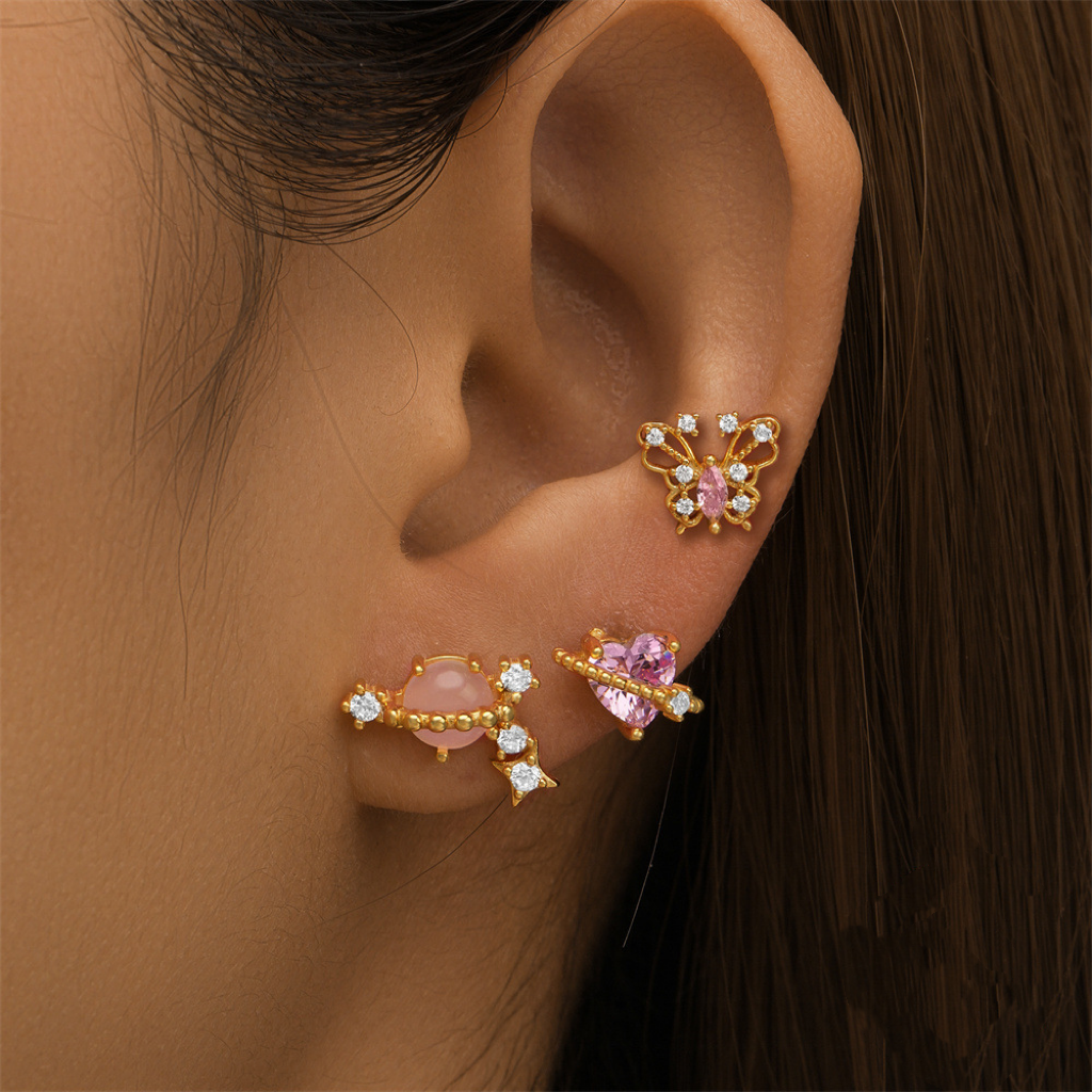 A31  Pink Butterfly Crown Heart Studs