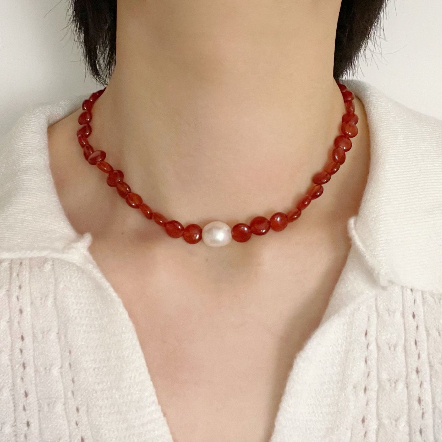 Baroque Pearl Stitching Natural Red Agate Necklace