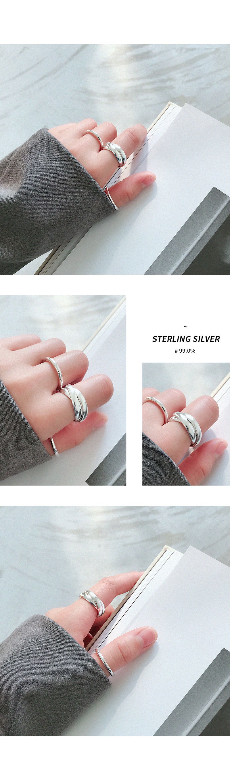 S990 Sterling Silver Plain Circle Cross Lines Rings