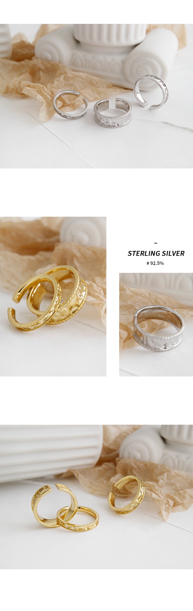 Pleated Personalized Versatile Open 18K Gold Plated Sterling Silver Rings