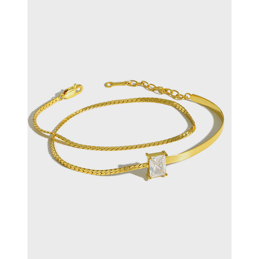 Square Diamond Double Layer Bracelet 18K Gold Plated Sterling Silver