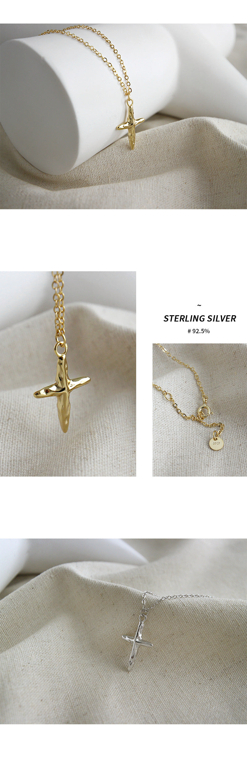 Irregular Concave and Convex Cross Necklace 18K Gold Plated Sterling Silver